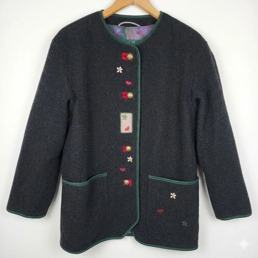 ​H Moser Salzburg Austria Trachten Boiled Wool Jacket Folk Floral Patchwork Med